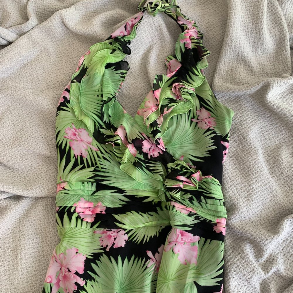 Kay Unger vintage 90s Hawaiian print silk maxi dress